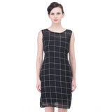 Black cotton blend checked sleeveless sheath dress - ideal for knee-length summer events