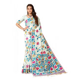 Gillkart Women's Cotton Printed Saree With Unstitched Blouse (White, 5-6 Mtrs)