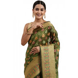 Gillkart Women's Organza Printed Saree With Unstitched Blouse (Mahendi, 5-6 Mtrs)