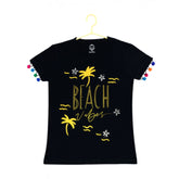 Black printed cotton girls casual short sleeve T-shirt, featuring a vibrant design on round neck