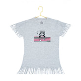 Grey printed cotton girl's casual short sleeve T-shirt with round neck, vibrant pattern design