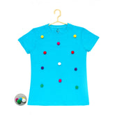 Blue cotton short sleeve girl's casual t-shirt with pom pom balls pattern