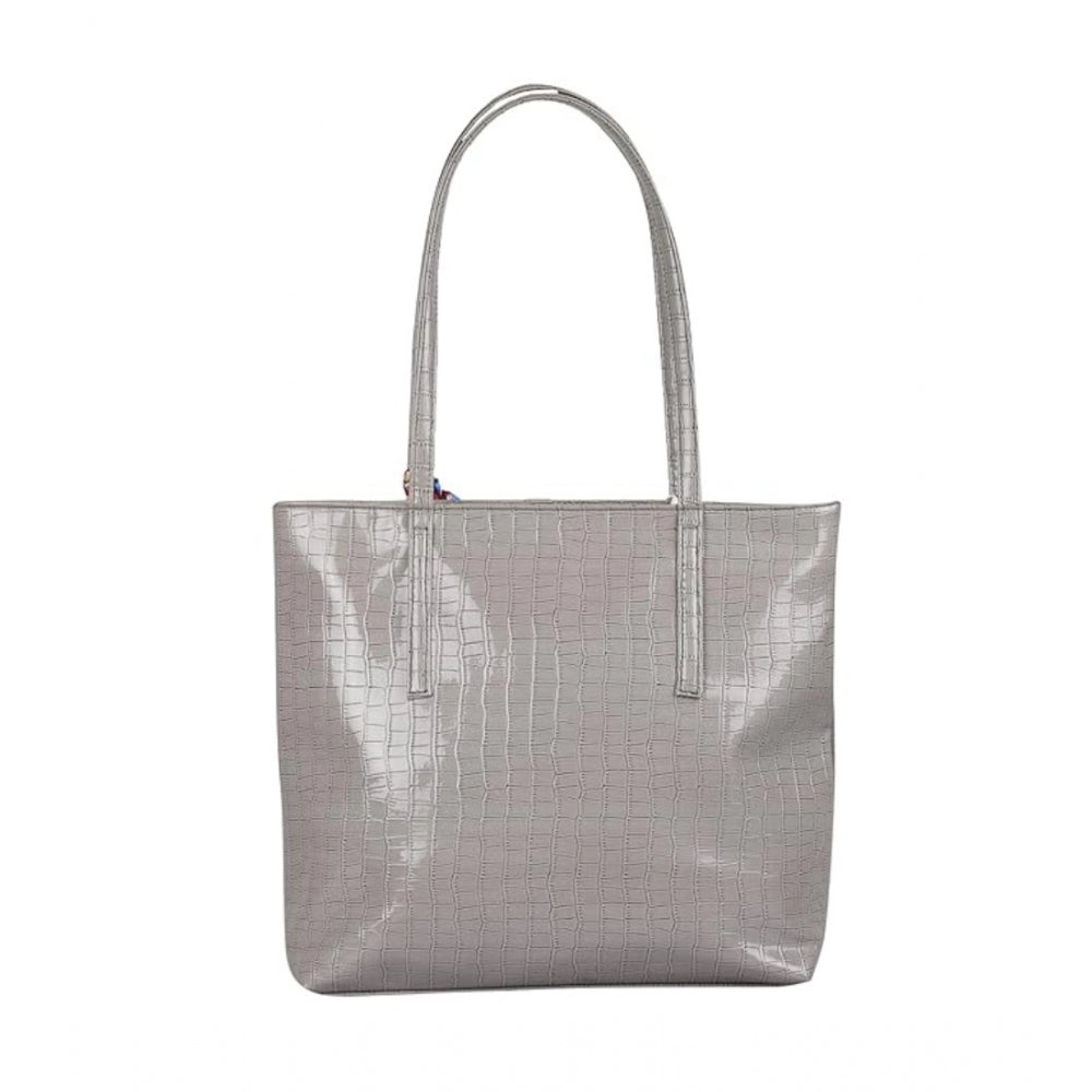 Grey Polyurethane Textured Croc Shoulder Bag with zipper closure and dual handle straps
