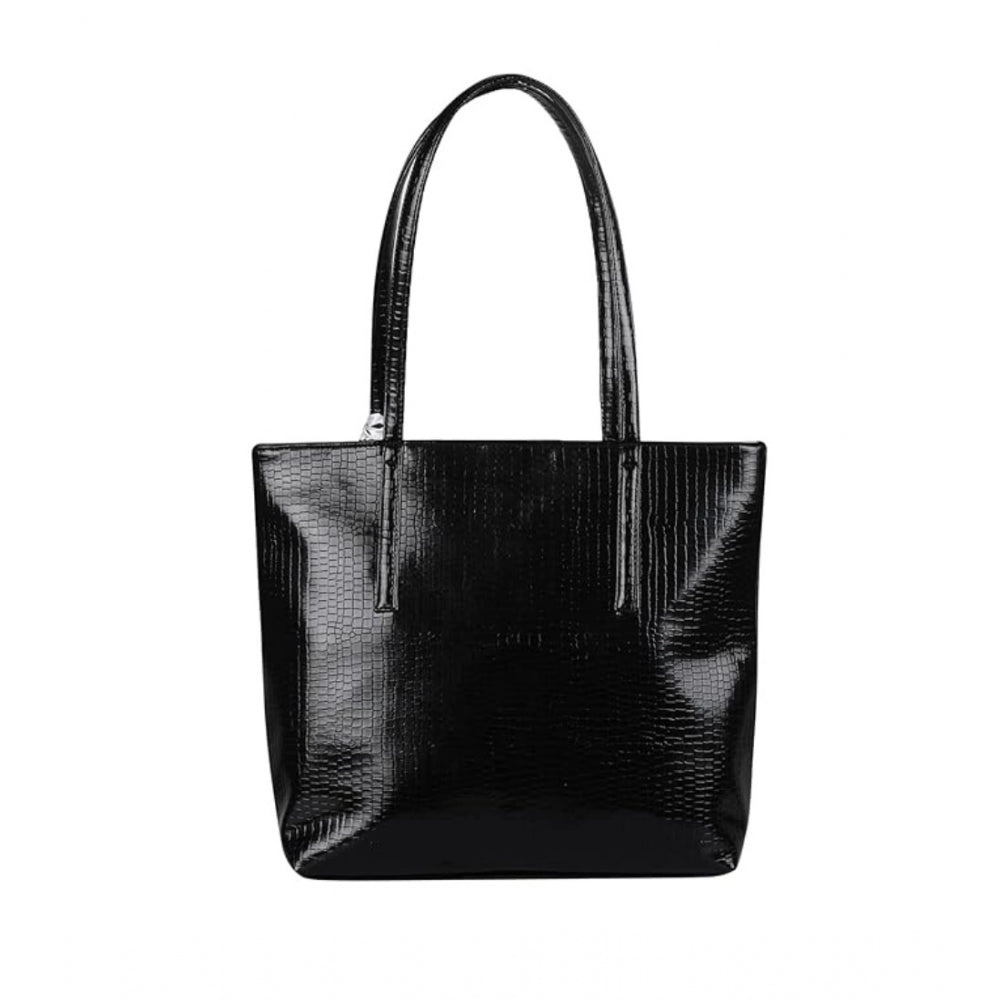 Black polyurethane textured croc shoulder bag with dual handles and zipper closure