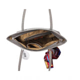 Grey Polyurethane textured croc shoulder bag with zipper closure and dual handle strap