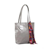 Grey polyurethane textured croc shoulder bag with dual handles and zipper closure