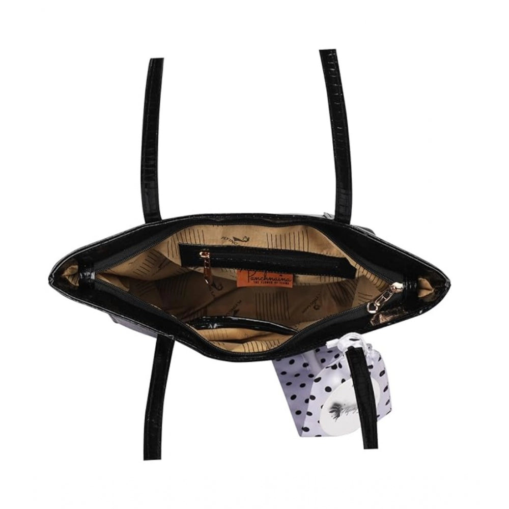 Black polyurethane textured croc shoulder bag with zipper closure and dual handles