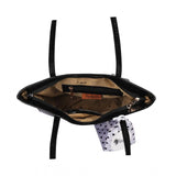 Black polyurethane textured croc shoulder bag with zipper closure and dual handles