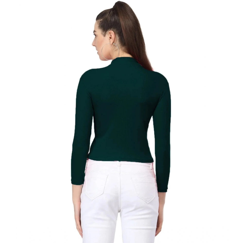 Dark Green cotton blend casual western top with high neck and full sleeves, zipper closure for women's fashion