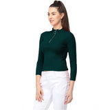 Dark Green cotton blend casual western top for women, high neck with full sleeves, zipper closure