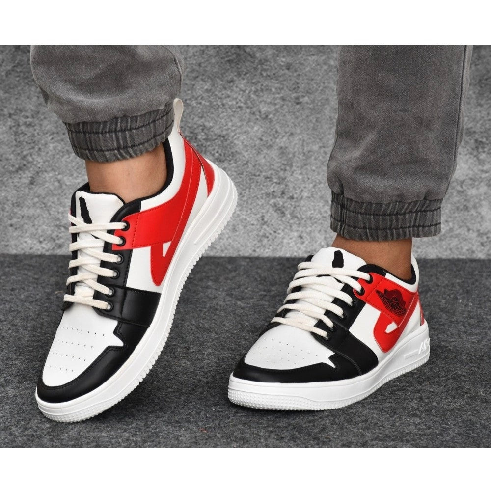 White synthetic men's casual shoes, solid design with lace-up closure, suitable for everyday wear