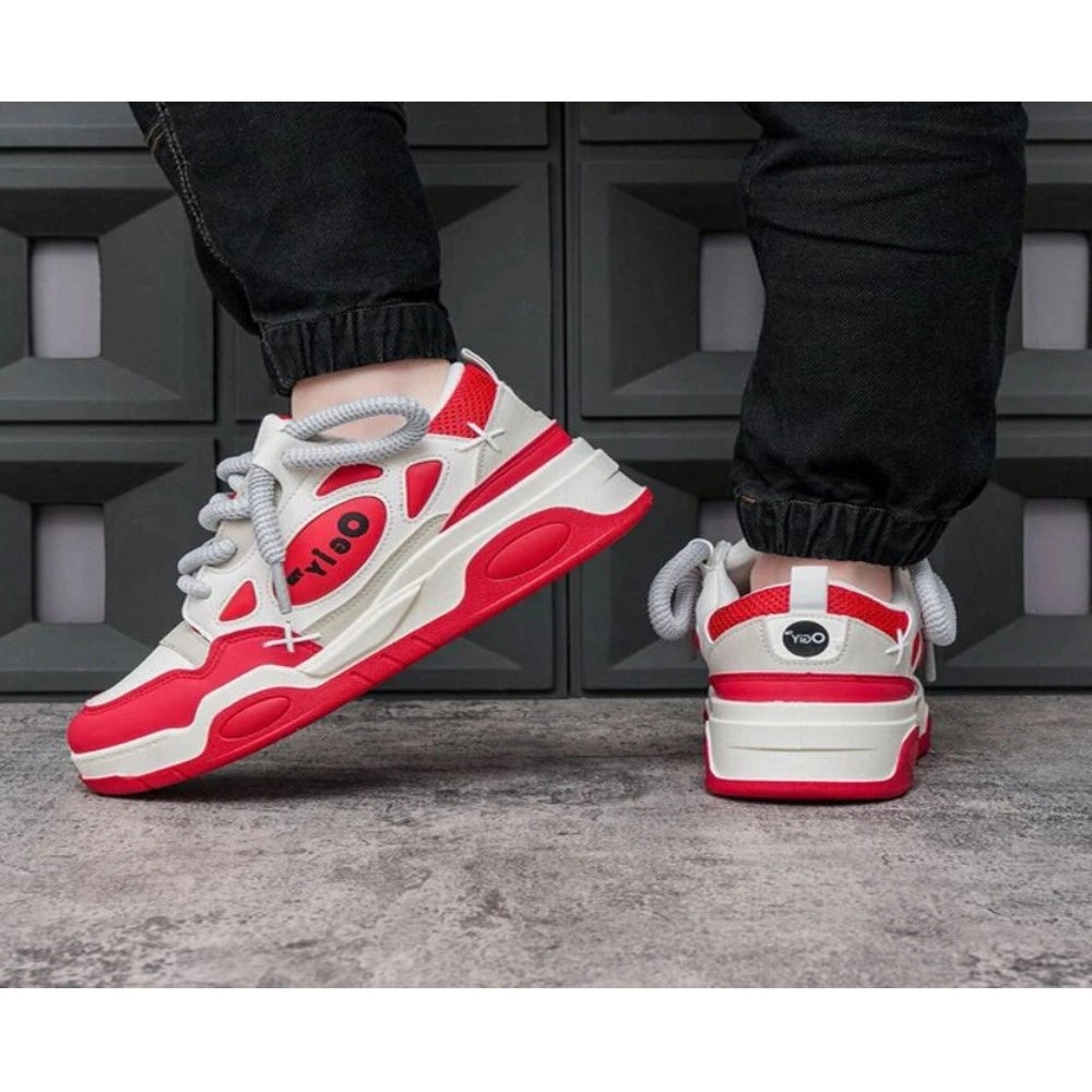 Red synthetic men's casual shoes with lace-up closure for everyday wear, solid pattern sole on Airmix technology