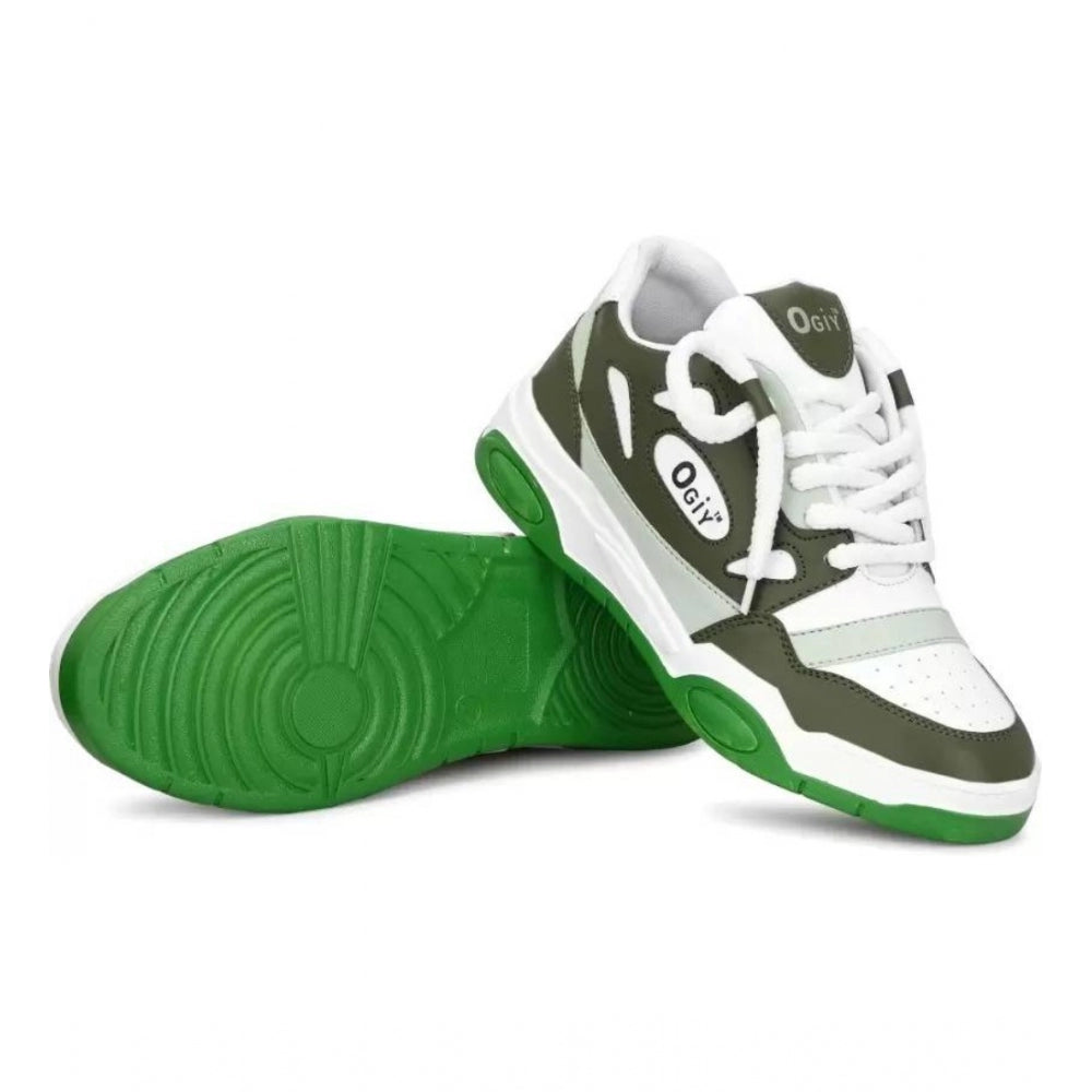 Green synthetic men's casual shoes with lace-up closure, solid pattern, for everyday wear