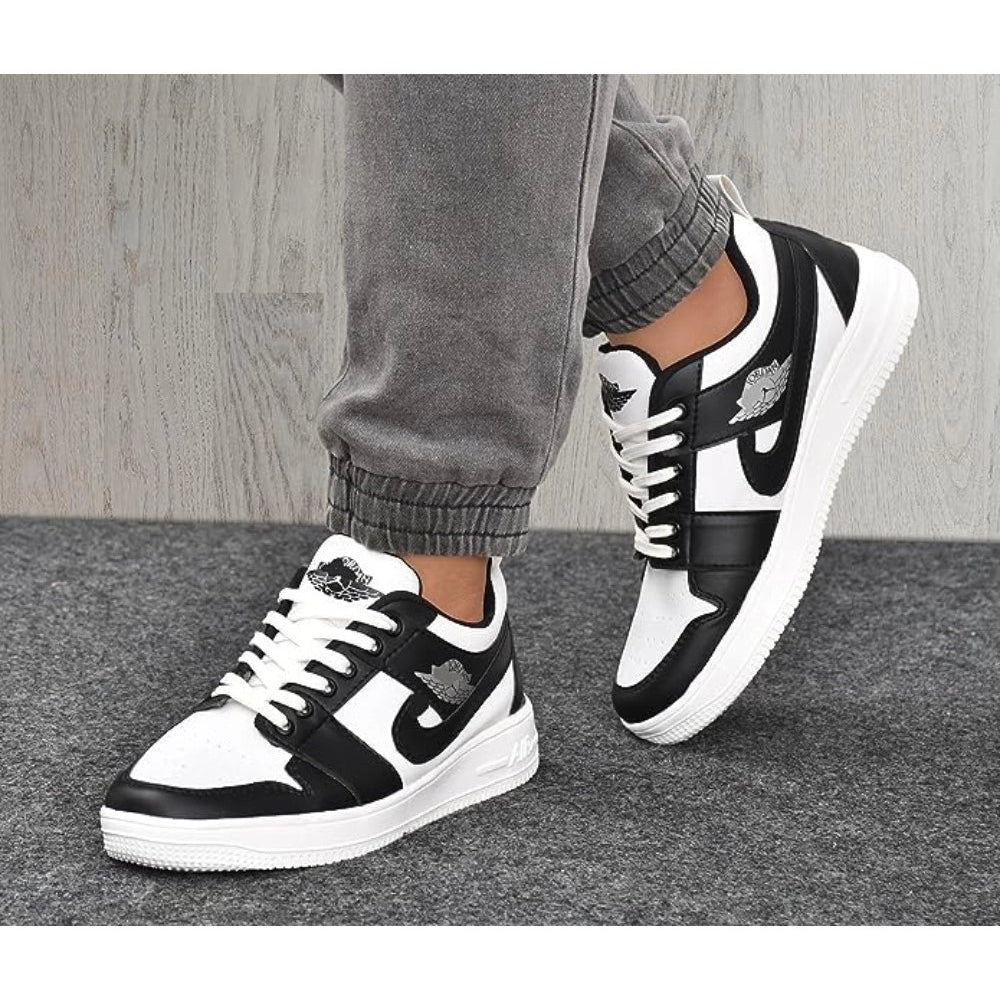 Black synthetic men's casual shoes, solid lace-up design for everyday wear