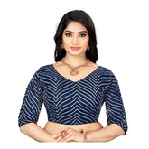 Navy blue georgette embroidery blouse for women, free size, V-neck and 3/4 sleeves