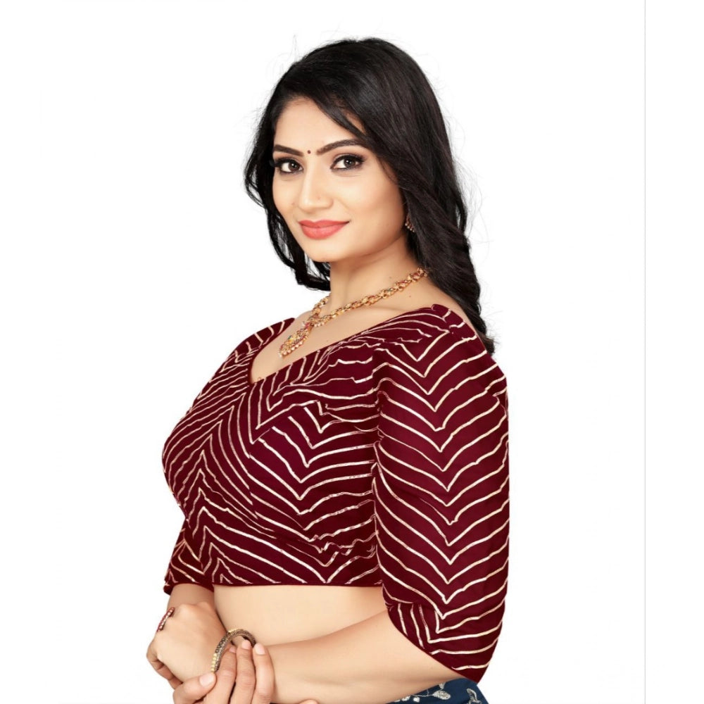 Maroon georgette embroidered blouse, V-neck with 3/4 sleeves for women's fashion, free size