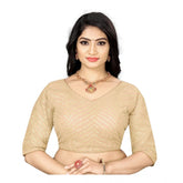 Cream Georgette embroidered blouse for women, free size, V-neck, 3/4 sleeves