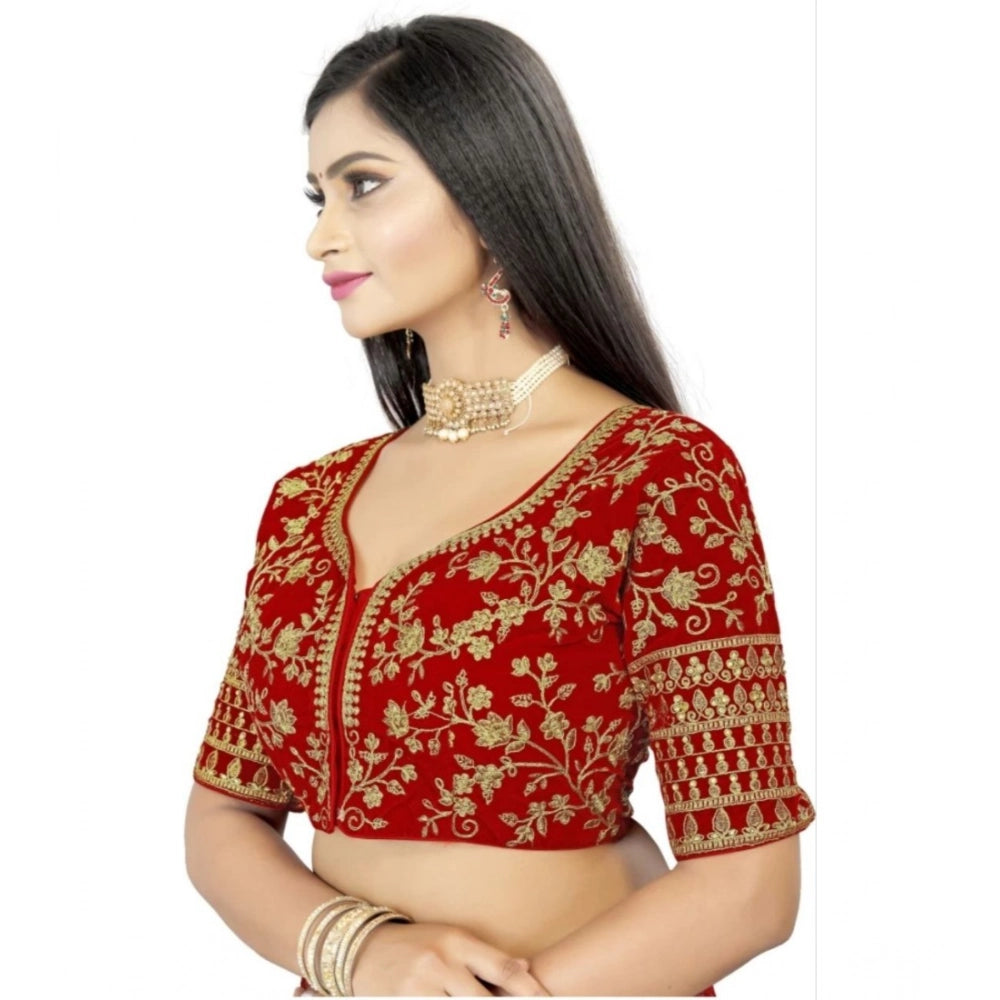 Red velvet embroidered blouse with half sleeves and sweetheart neck, free size