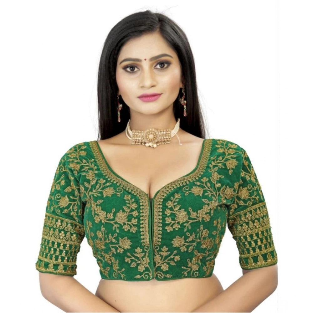 Green velvet embroidered blouse (free size), half sleeve, sweetheart neck on mannequin