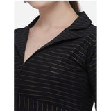 Black cotton striped ready-made blouse, free size women's shirt collar, 3-4th sleeve length
