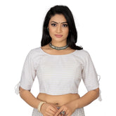 White cotton thread work readymade blouse, half sleeve, round neck, free size