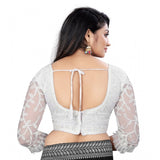 White nylon net embroidered blouse with v-neck, 3/4 sleeve - ready-made free size