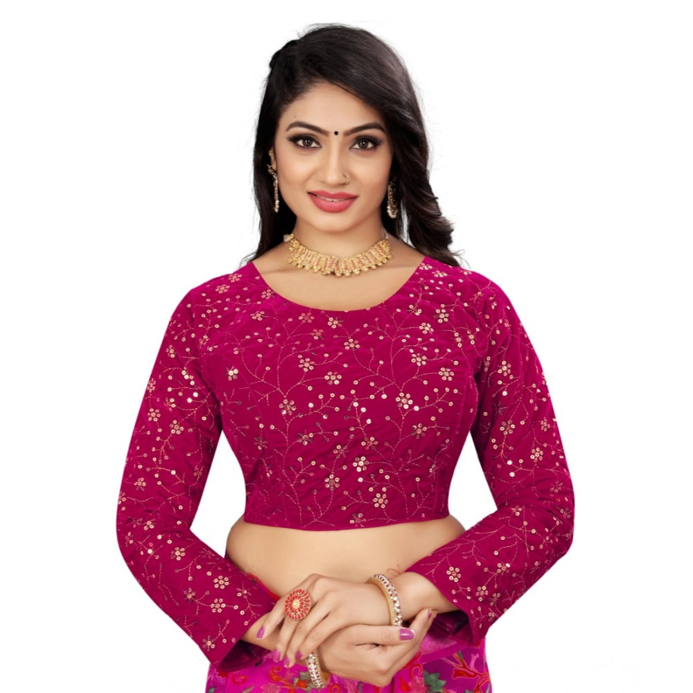 Pink velvet embroidered blouse (free size), full sleeve, round neck design on display stand