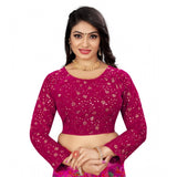 Pink velvet embroidered blouse (free size), full sleeve, round neck design on display stand