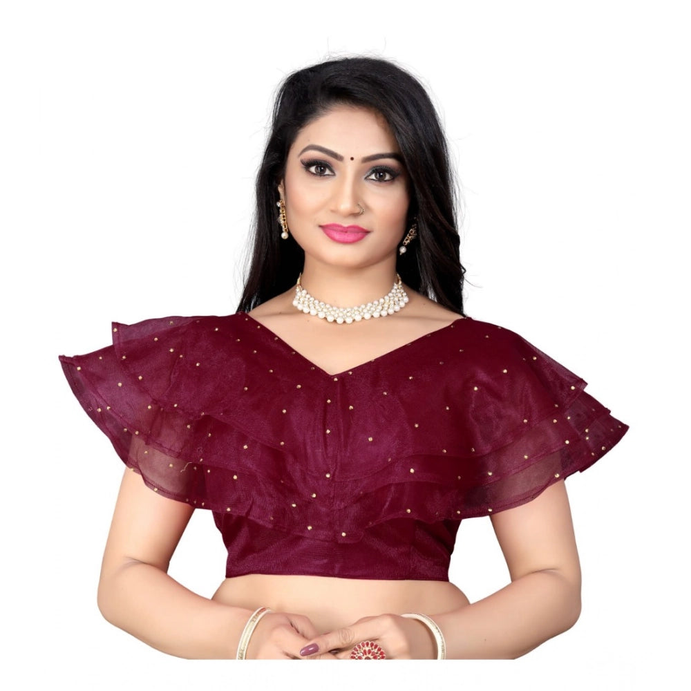 Purple nylon sleeveless v-neck diamond work readymade blouse for women, free size