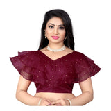 Purple nylon sleeveless v-neck diamond work readymade blouse for women, free size