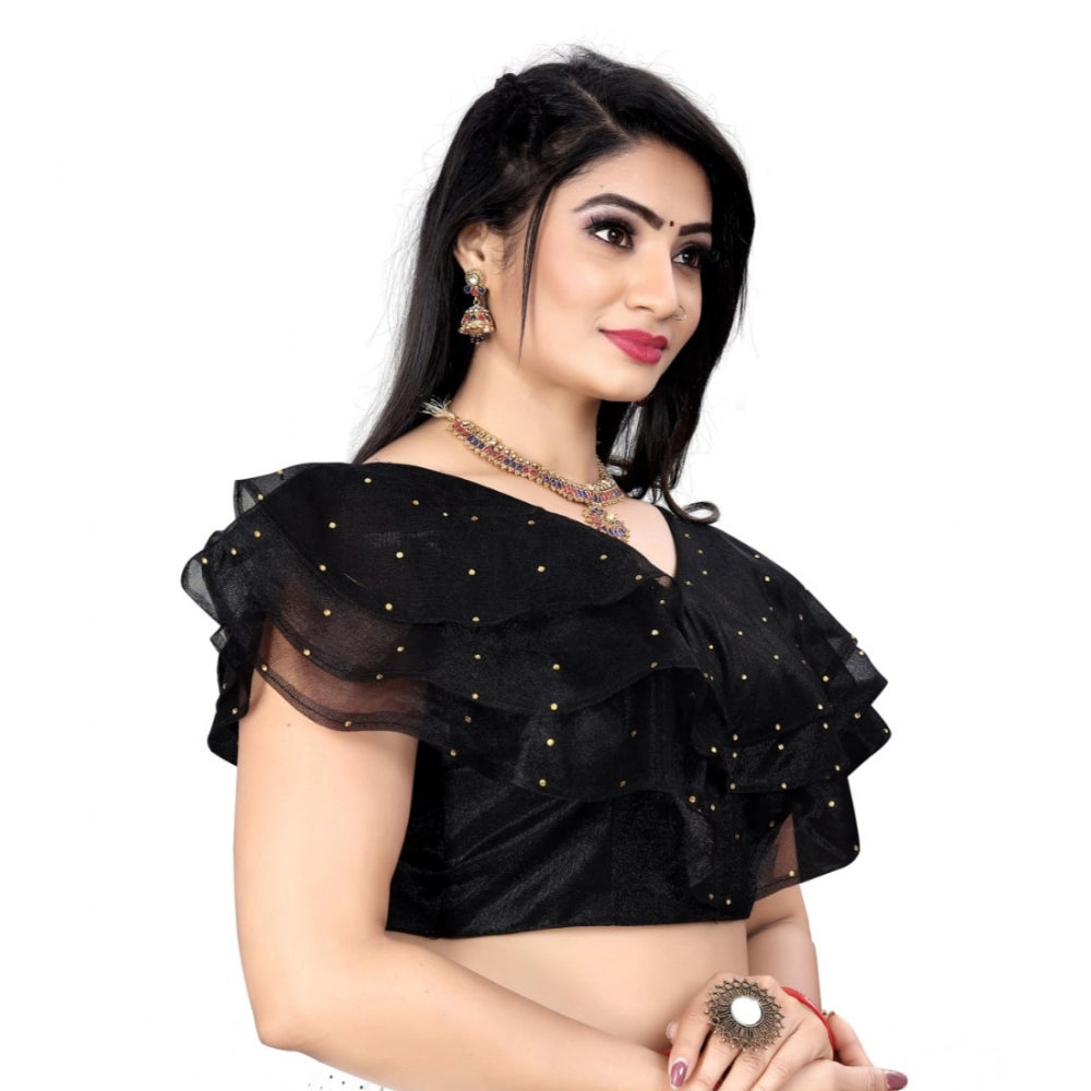 Black nylon sleeveless v-neck diamond work blouse for women, ready-made, free size