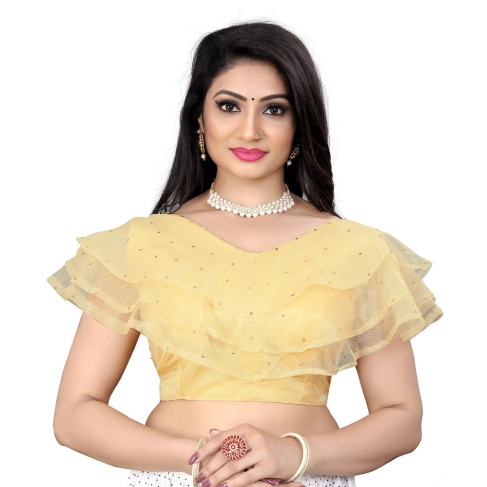 Beige nylon sleeveless v-neck diamond work readymade blouse for women, free size