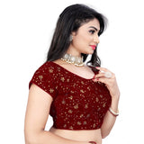 Maroon velvet sequin readymade blouse for women, free size, short sleeves with round neck