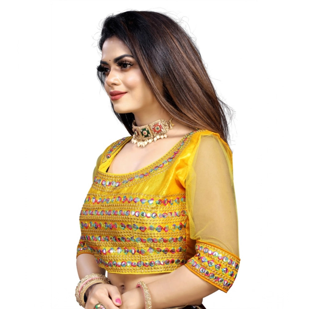 Yellow phantom silk embroidered blouse with 3/4 sleeves and round neck, ready-to-wear for women