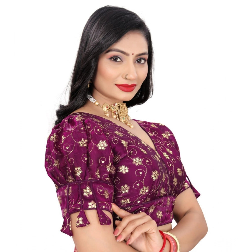 Purple Jimmy Choo embroidered blouse with half sleeves and v-neck, free size for women