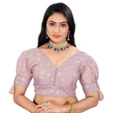 Lavender free size Jimmy Choo embroidery blouse with v-neck & half sleeves