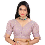 Lavender free size Jimmy Choo embroidery blouse with v-neck & half sleeves