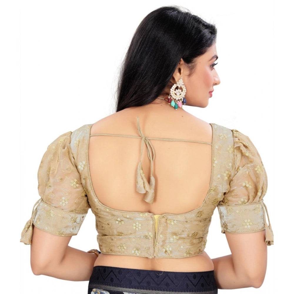 Beige free size Jimmy Choo embroidery blouse with half sleeves and V-neck