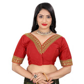 Red Banglory embroidery blouse (free size), half sleeve v-neck on mannequin