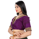 Magenta Banglory embroidered blouse (free size), half sleeve, V-neck, intricate stitching