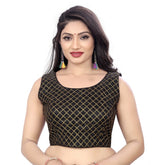 Black satin sleeveless blouse with round neck embroidery pattern, free size for women's formal wear