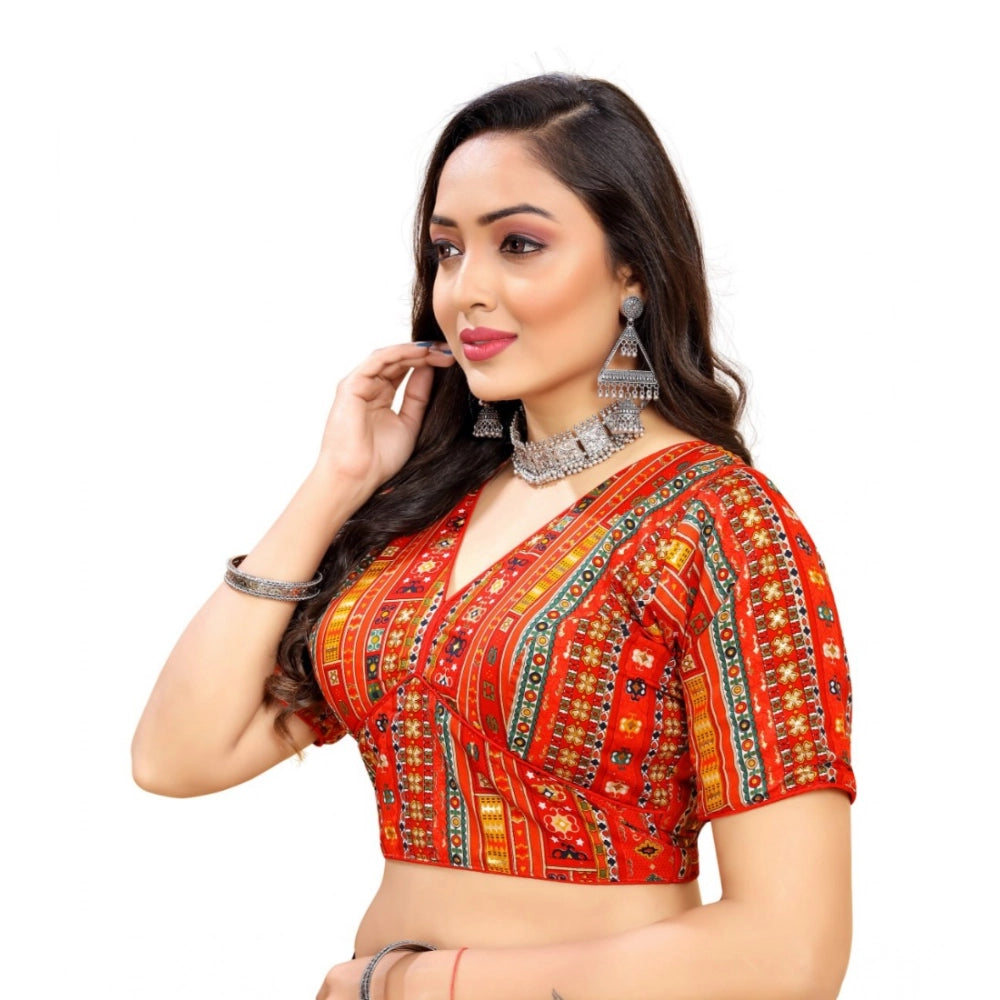 Red cotton blend women's readymade short sleeve v-neck blouse, plain design for free size