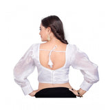 Organza white blouse, free size long sleeve v-neck stitched blouse for women
