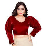 Maroon organza long sleeve v-neck blouse for women, free size, plain pattern on display