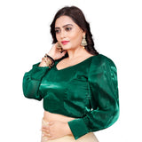Green organza long sleeve v-neck blouse for women, free size, plain pattern