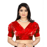 Red organza half sleeve v-neck blouse, free size women's ready-made clothing