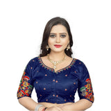 Navy Blue Malai Silk Blouse, half-sleeve round neck, floral pattern for women's fashion, ready-made blouse on hanger