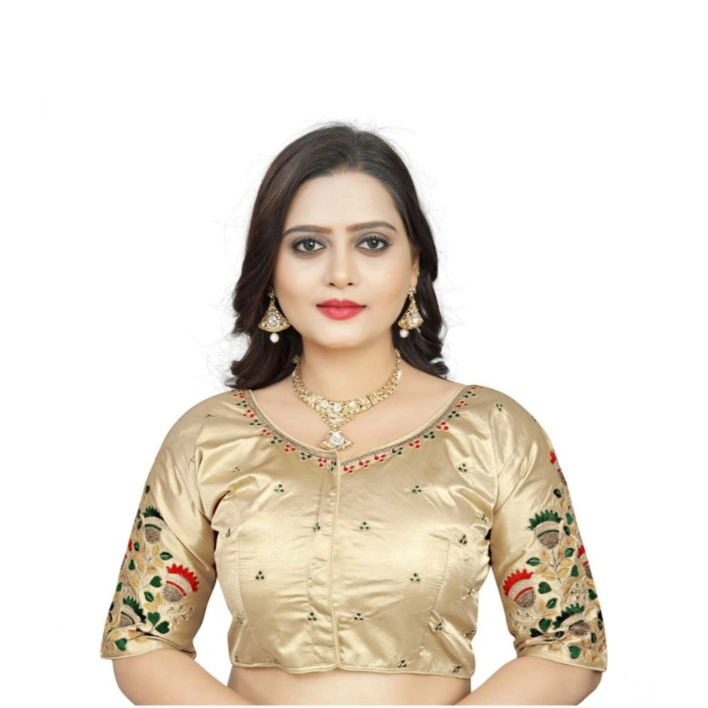 Cream Malai Silk floral readymade blouse, half sleeve, round neck, free size for women's fashion