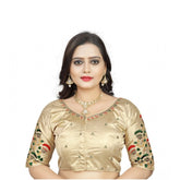 Cream Malai Silk floral readymade blouse, half sleeve, round neck on mannequin