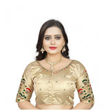 Cream Malai Silk floral readymade blouse, half sleeve, round neck, free size for women's fashion